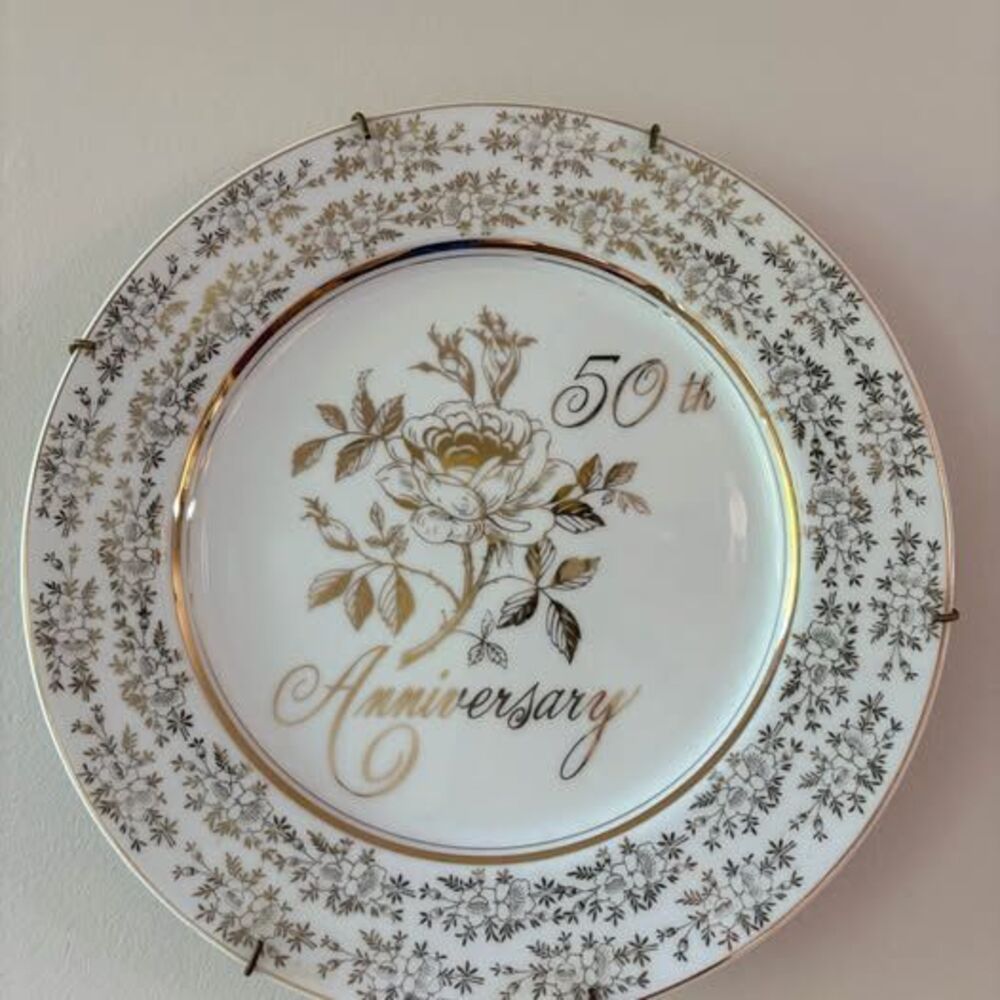 Vintage 50th Anniversary Plate Gold Floral Norcrest Chatillon Porcelain